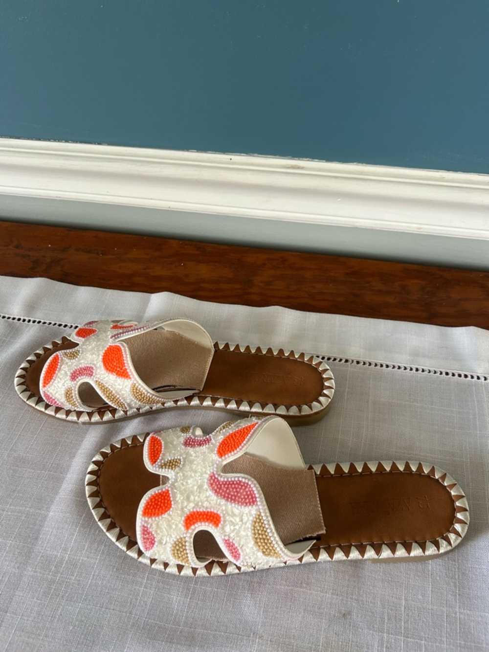 Beaded Cutout Flat Sandals - White with Coral & Pink - Picture 3 of 7